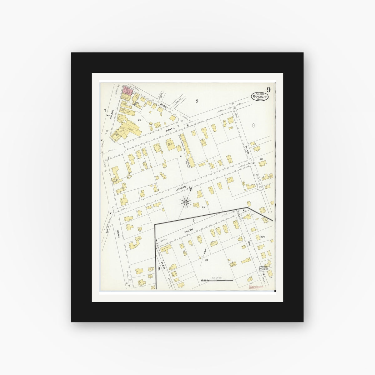 Old map wall art mockup — black gallery frame with white mat — Sanborn Fire Insurance Map from Randolph, Norfolk County, Massachusetts (1909), Sheet #0009
