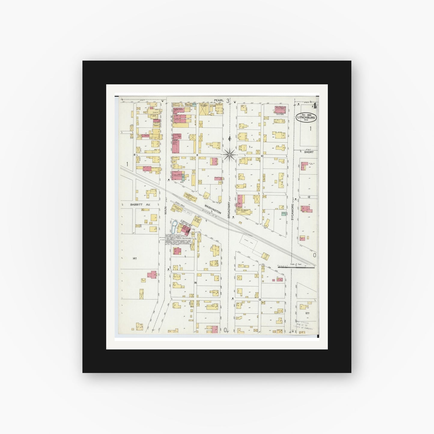 Old map wall art mockup — black gallery frame with white mat — Sanborn Fire Insurance Map from Lynchburg, Highland County, Ohio (1900), Sheet #0004