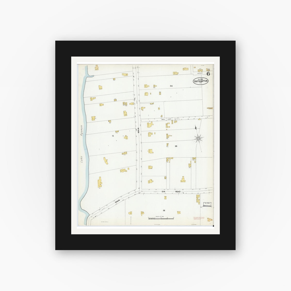 Old map wall art mockup — black gallery frame with white mat — Sanborn Fire Insurance Map from Southampton, Suffolk County, New York (1902), Sheet #0006