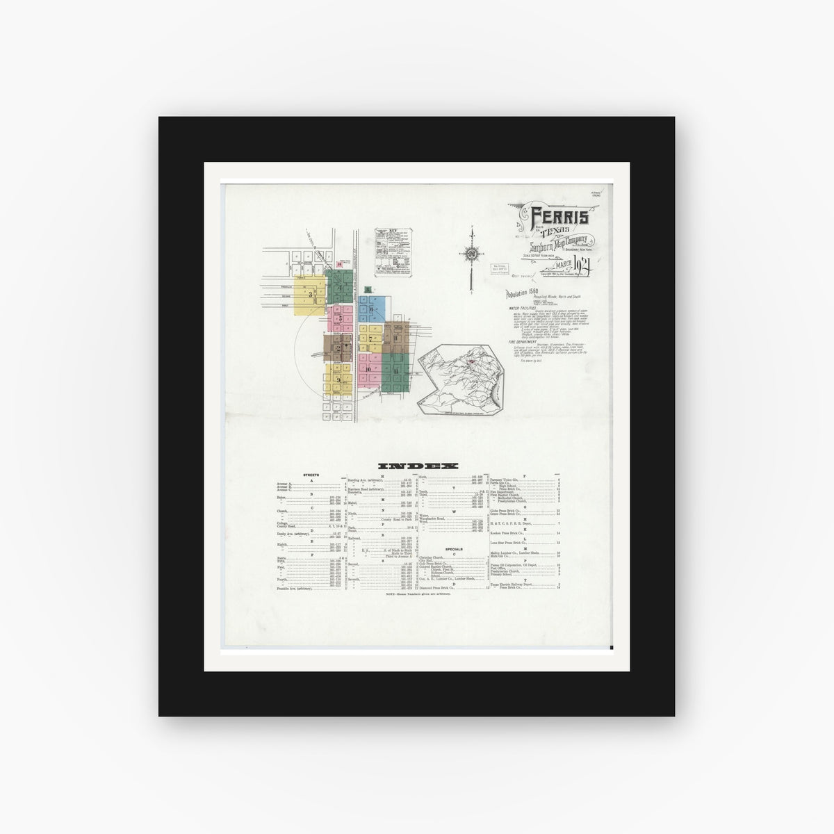 Old map wall art mockup — black gallery frame with white mat — Sanborn Fire Insurance Map from Ferris, Ellis County, Texas (1921) - Complete Map Set
