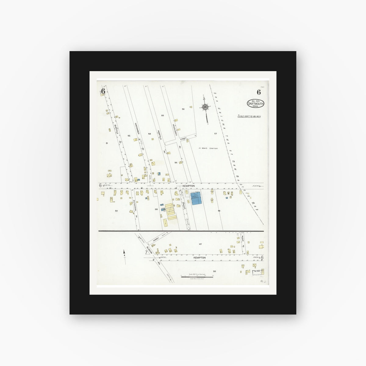 Old map wall art mockup — black gallery frame with white mat — Sanborn Fire Insurance Map from Dartmouth, Bristol County, Massachusetts (1924), Sheet #0006