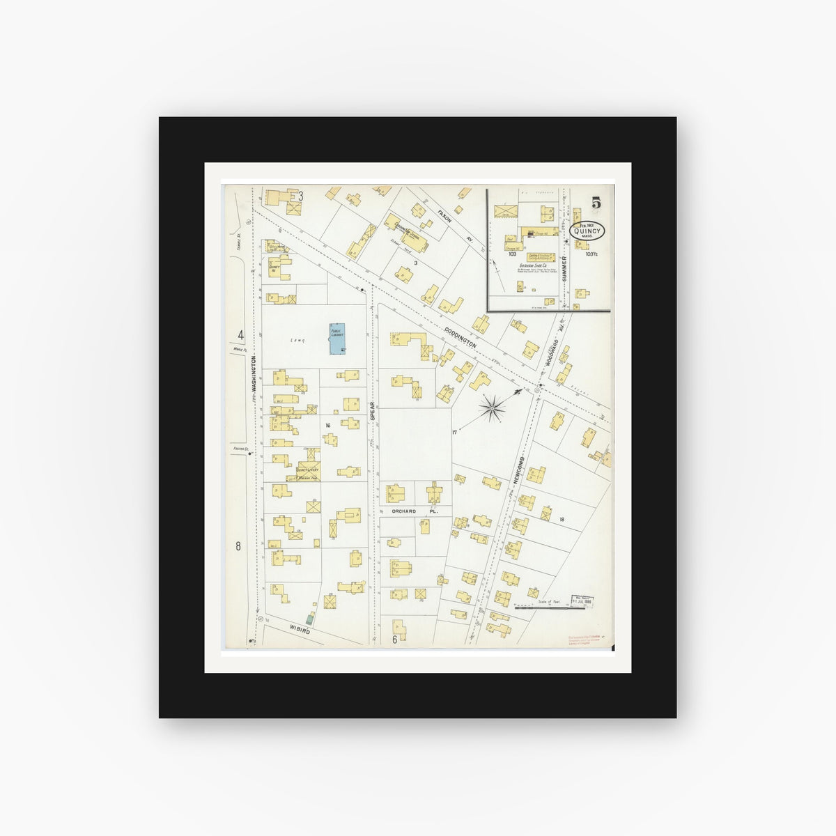 Old map wall art mockup — black gallery frame with white mat — Sanborn Fire Insurance Map from Quincy, Norfolk County, Massachusetts (1901), Sheet #0005
