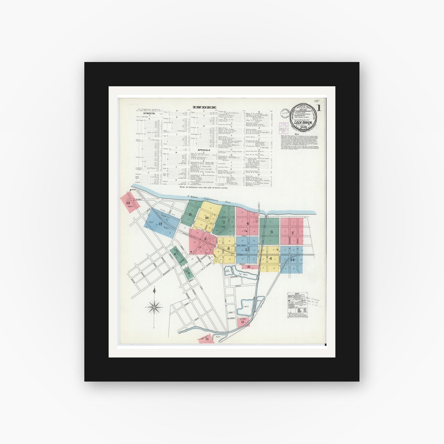 Old map wall art mockup — black gallery frame with white mat — Sanborn Fire Insurance Map from Lock Haven, Clinton County, Pennsylvania (1901) - Complete Map Set
