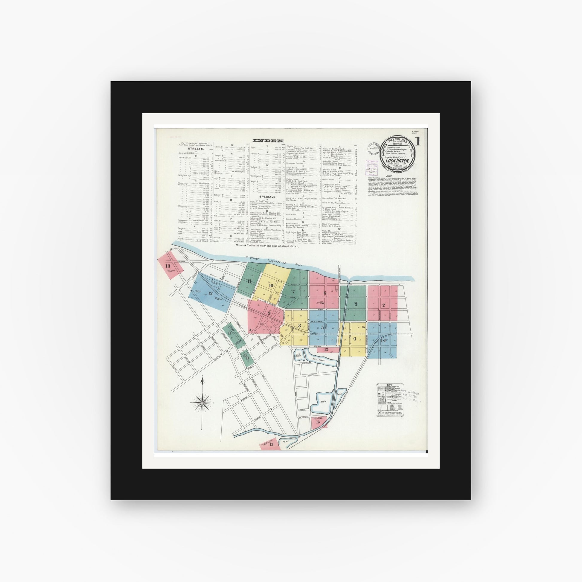 Old map wall art mockup — black gallery frame with white mat — Sanborn Fire Insurance Map from Lock Haven, Clinton County, Pennsylvania (1901) - Complete Map Set