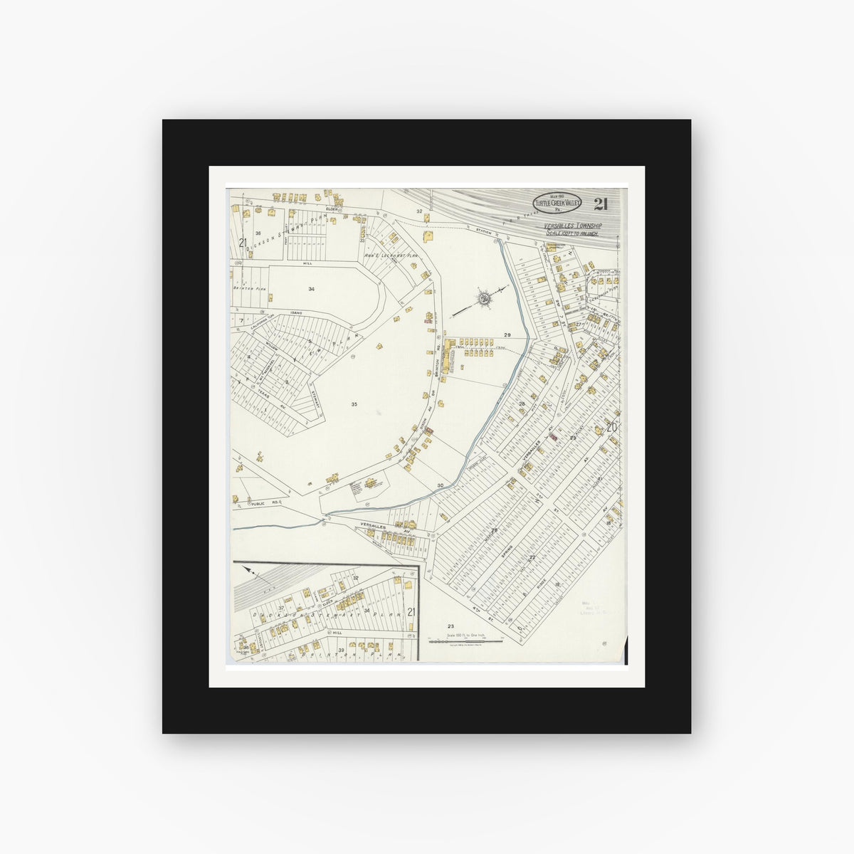 Old map wall art mockup — black gallery frame with white mat — Sanborn Fire Insurance Map from Turtle Creek Valley, Allegheny County, Pennsylvania (1919), Sheet #0021