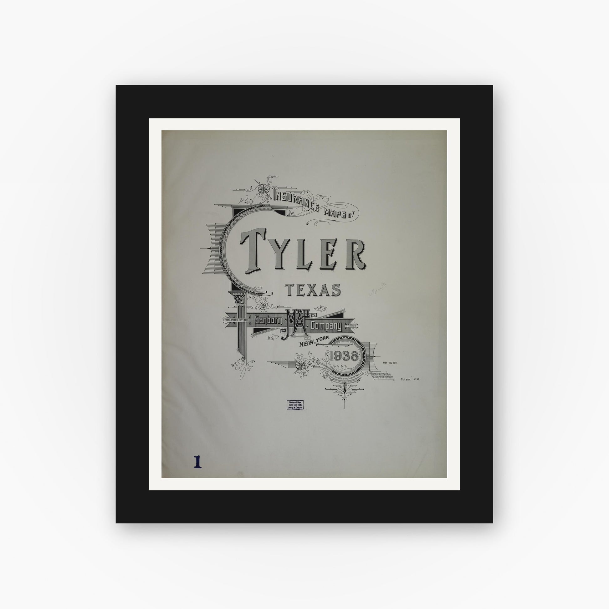 Old map wall art mockup — black gallery frame with white mat — Sanborn Fire Insurance Map from Tyler, Smith County, Texas (1938), Sheet #0001