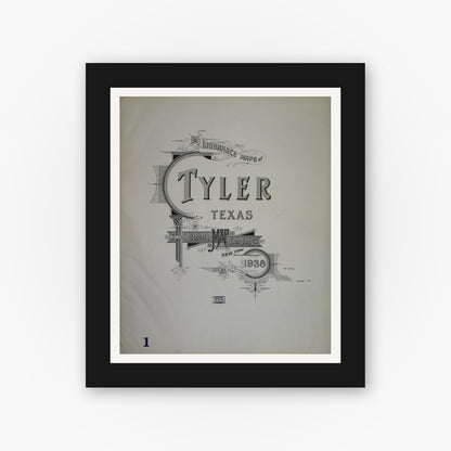 Old map wall art mockup — black gallery frame with white mat — Sanborn Fire Insurance Map from Tyler, Smith County, Texas (1938), Sheet #0001