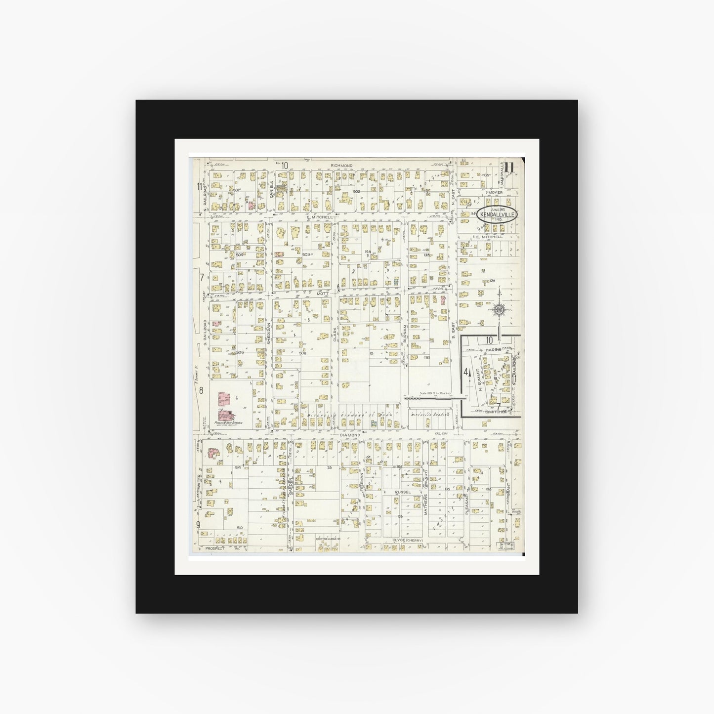 Old map wall art mockup — black gallery frame with white mat — Sanborn Fire Insurance Map from Kendallville, Noble County, Indiana (1914), Sheet #0011