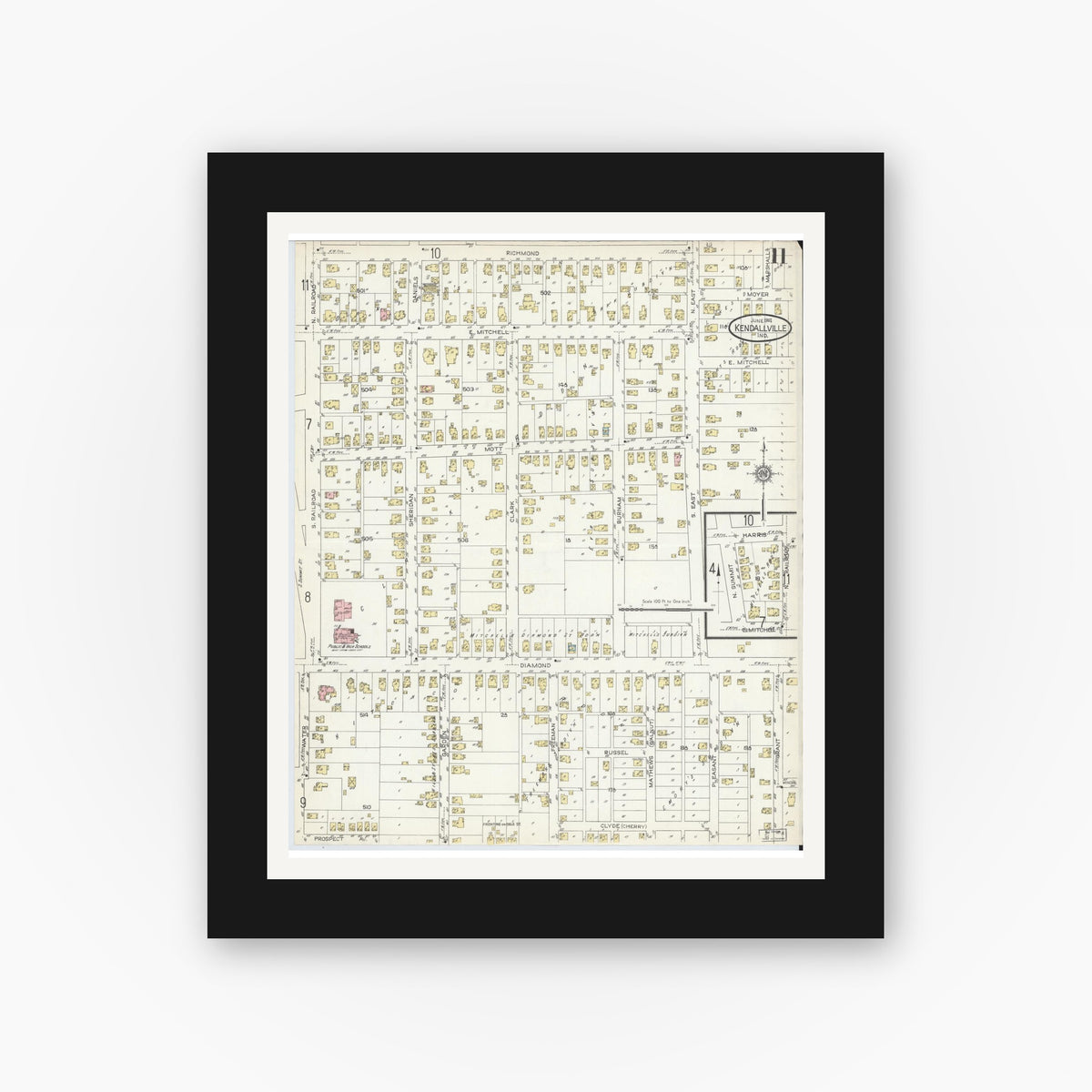 Old map wall art mockup — black gallery frame with white mat — Sanborn Fire Insurance Map from Kendallville, Noble County, Indiana (1914), Sheet #0011