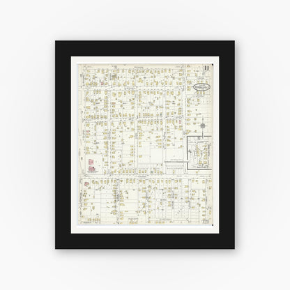 Old map wall art mockup — black gallery frame with white mat — Sanborn Fire Insurance Map from Kendallville, Noble County, Indiana (1914), Sheet #0011