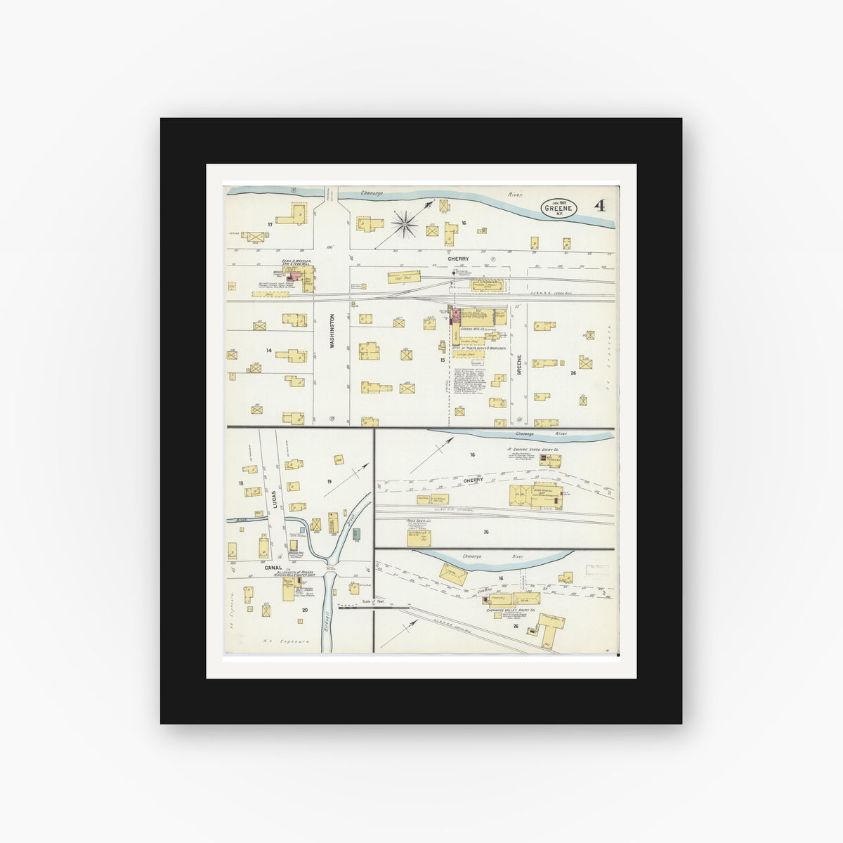 Old map wall art mockup — black gallery frame with white mat — Sanborn Fire Insurance Map from Greene, Chenango County, New York (1903), Sheet #0004