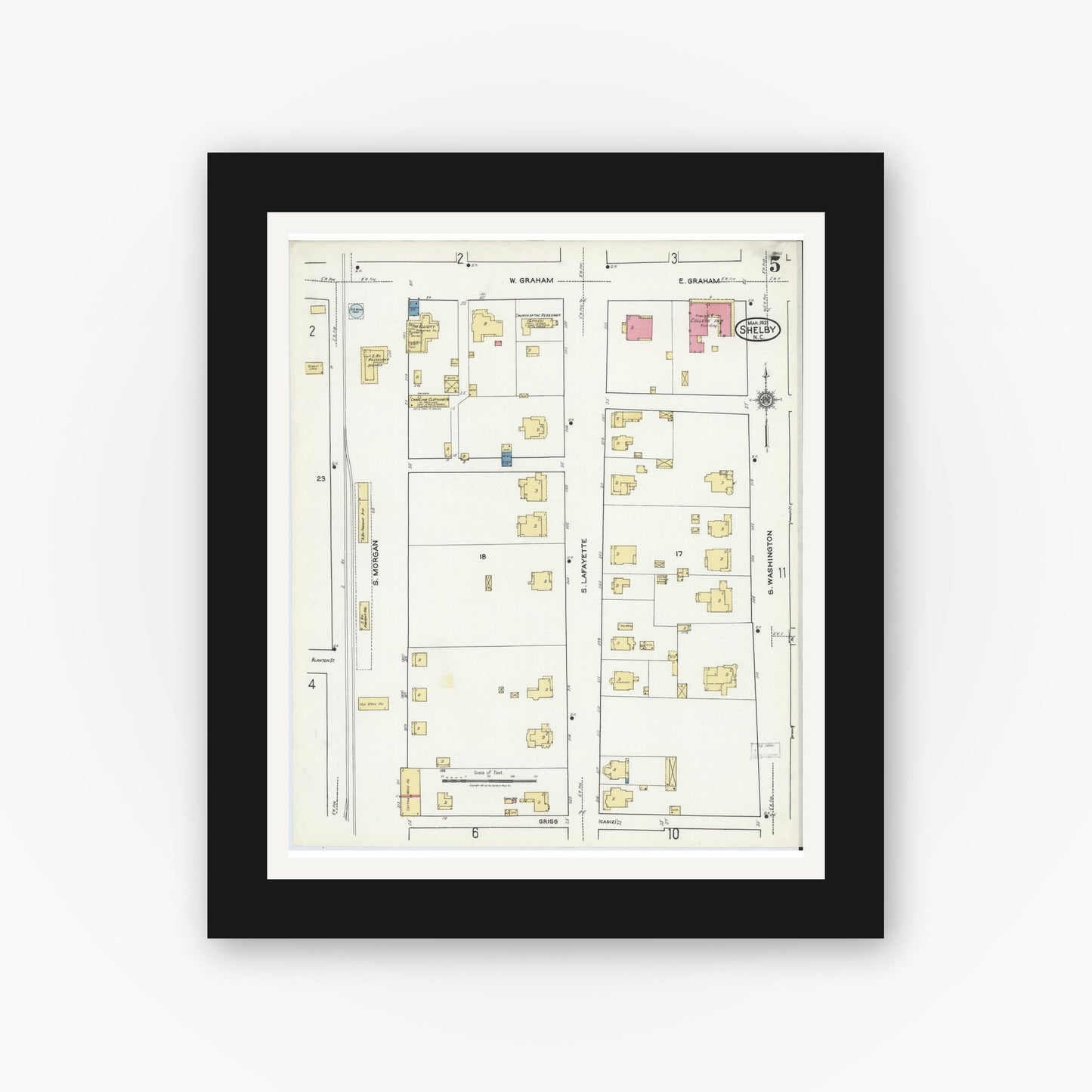 Old map wall art mockup — black gallery frame with white mat — Sanborn Fire Insurance Map from Shelby, Cleveland County, North Carolina (1921), Sheet #0005