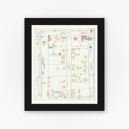 Old map wall art mockup — black gallery frame with white mat — Sanborn Fire Insurance Map from Shelby, Cleveland County, North Carolina (1921), Sheet #0005