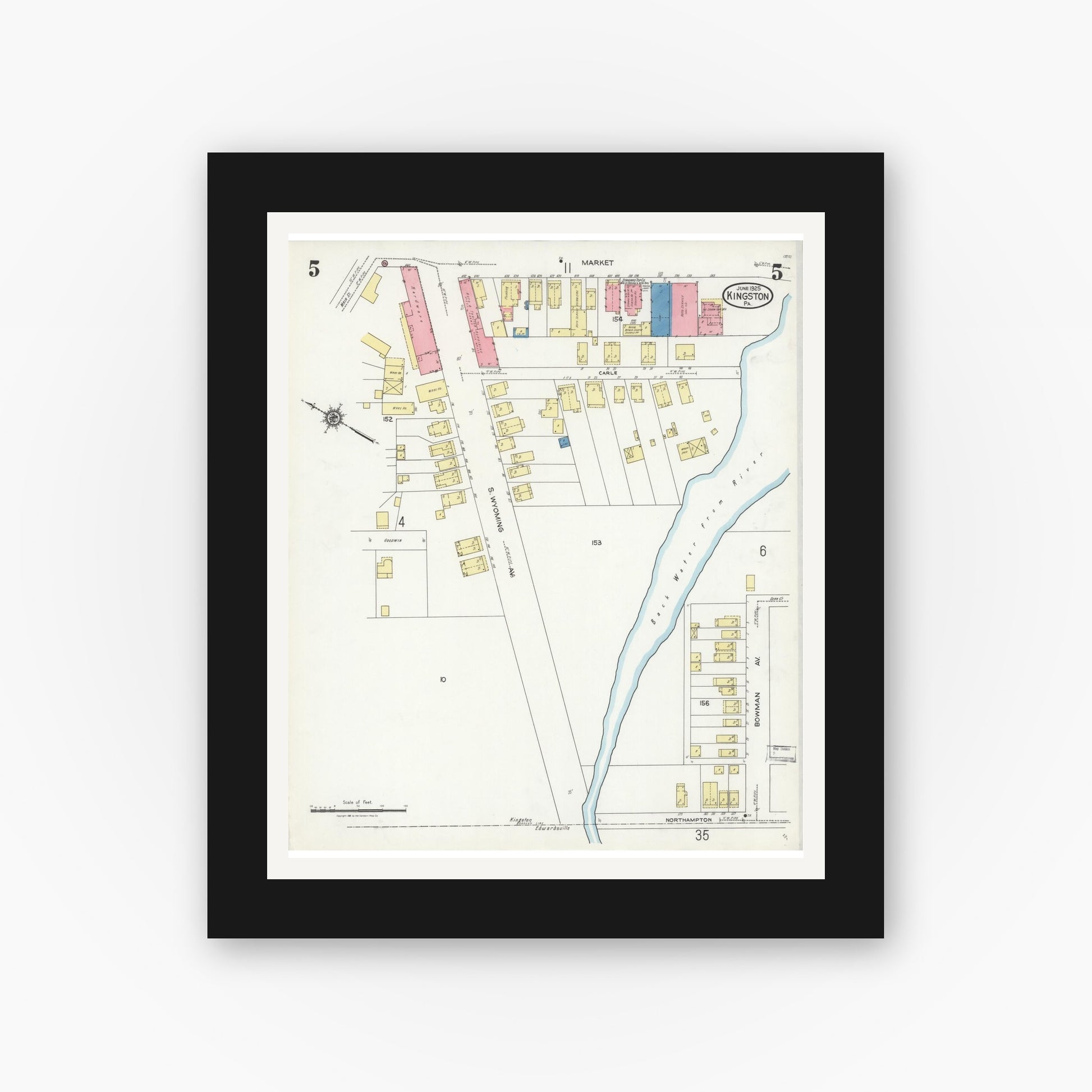 Old map wall art mockup — black gallery frame with white mat — Sanborn Fire Insurance Map from Kingston, Luzerne County, Pennsylvania (1925), Sheet #0005