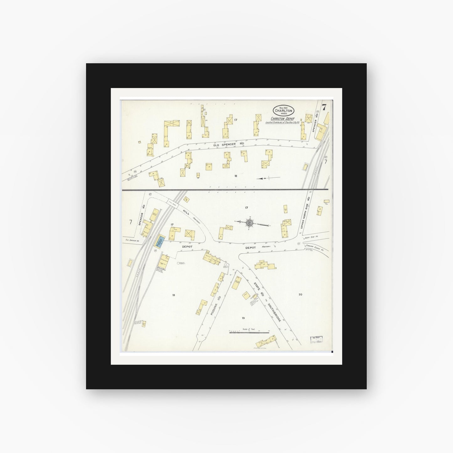 Old map wall art mockup — black gallery frame with white mat — Sanborn Fire Insurance Map from Charlton, Worcester County, Massachusetts (1910), Sheet #0007