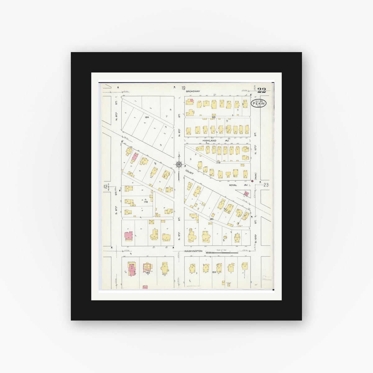 Old map wall art mockup — black gallery frame with white mat — Sanborn Fire Insurance Map from Pekin, Tazewell County, Illinois (1916), Sheet #0022