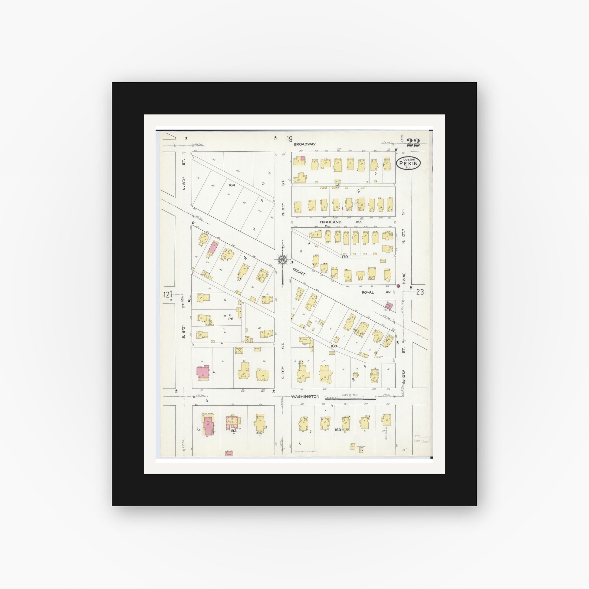 Old map wall art mockup — black gallery frame with white mat — Sanborn Fire Insurance Map from Pekin, Tazewell County, Illinois (1916), Sheet #0022
