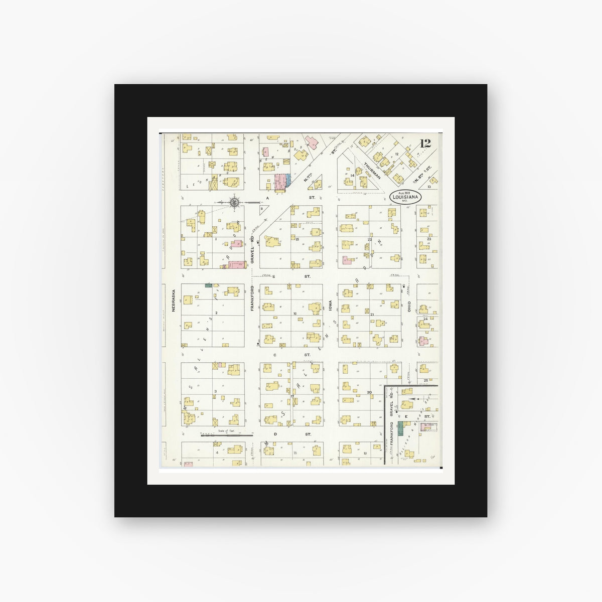 Old map wall art mockup — black gallery frame with white mat — Sanborn Fire Insurance Map from Louisiana, Pike County, Missouri (1909), Sheet #0012