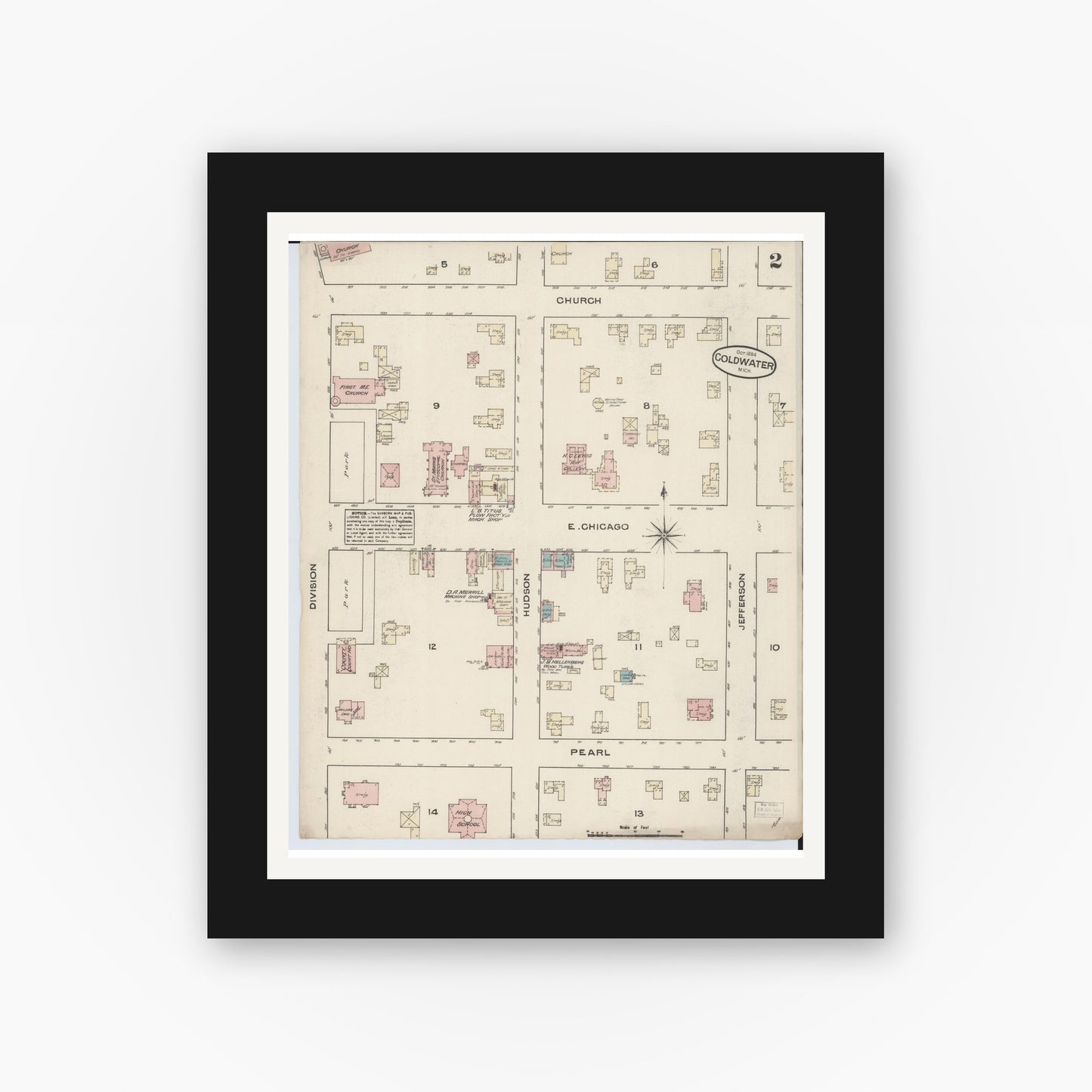 Old map wall art mockup — black gallery frame with white mat — Sanborn Fire Insurance Map from Coldwater, Branch County, Michigan (1884), Sheet #0002