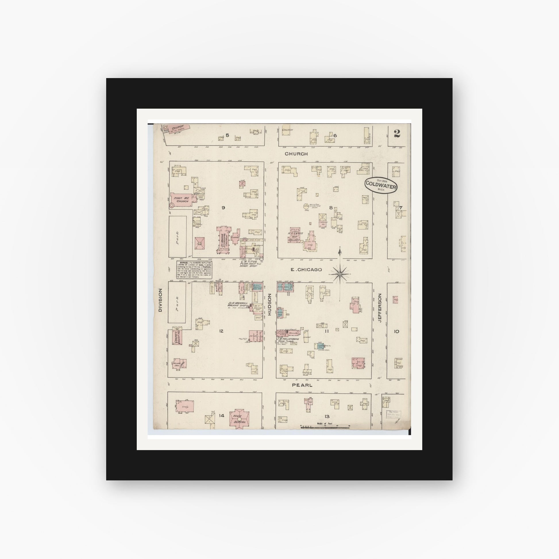 Old map wall art mockup — black gallery frame with white mat — Sanborn Fire Insurance Map from Coldwater, Branch County, Michigan (1884), Sheet #0002