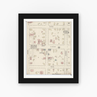 Old map wall art mockup — black gallery frame with white mat — Sanborn Fire Insurance Map from Coldwater, Branch County, Michigan (1884), Sheet #0002