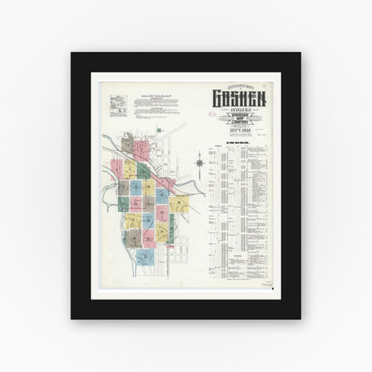 Old map wall art mockup — black gallery frame with white mat — Sanborn Fire Insurance Map from Goshen, Elkhart County, Indiana (1910), Sheet #0001