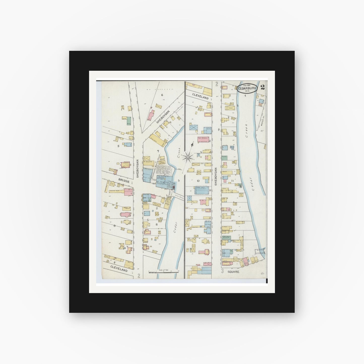 Old map wall art mockup — black gallery frame with white mat — Sanborn Fire Insurance Map from Cedarburg, Ozaukee County, Wisconsin (1893), Sheet #0002