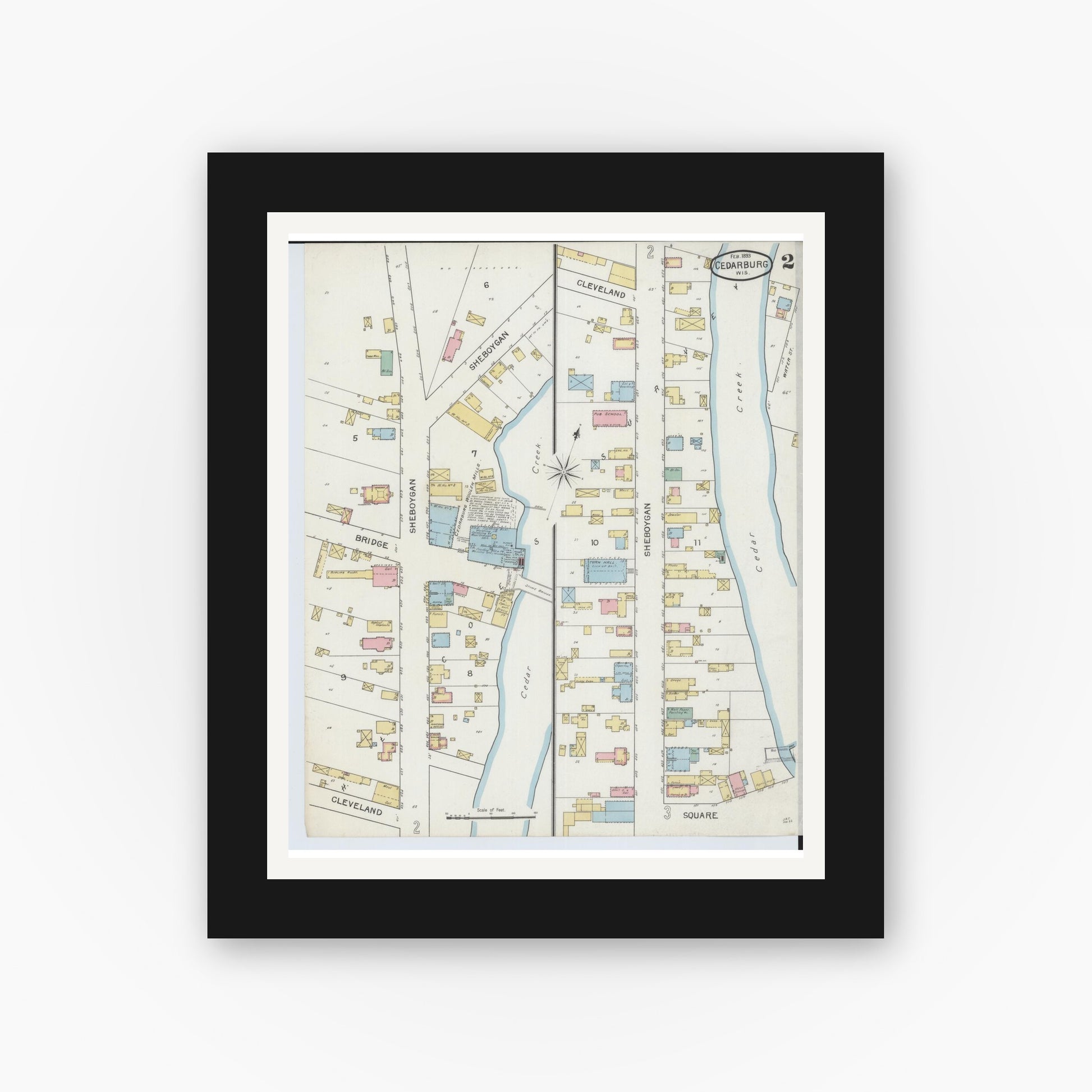Old map wall art mockup — black gallery frame with white mat — Sanborn Fire Insurance Map from Cedarburg, Ozaukee County, Wisconsin (1893), Sheet #0002