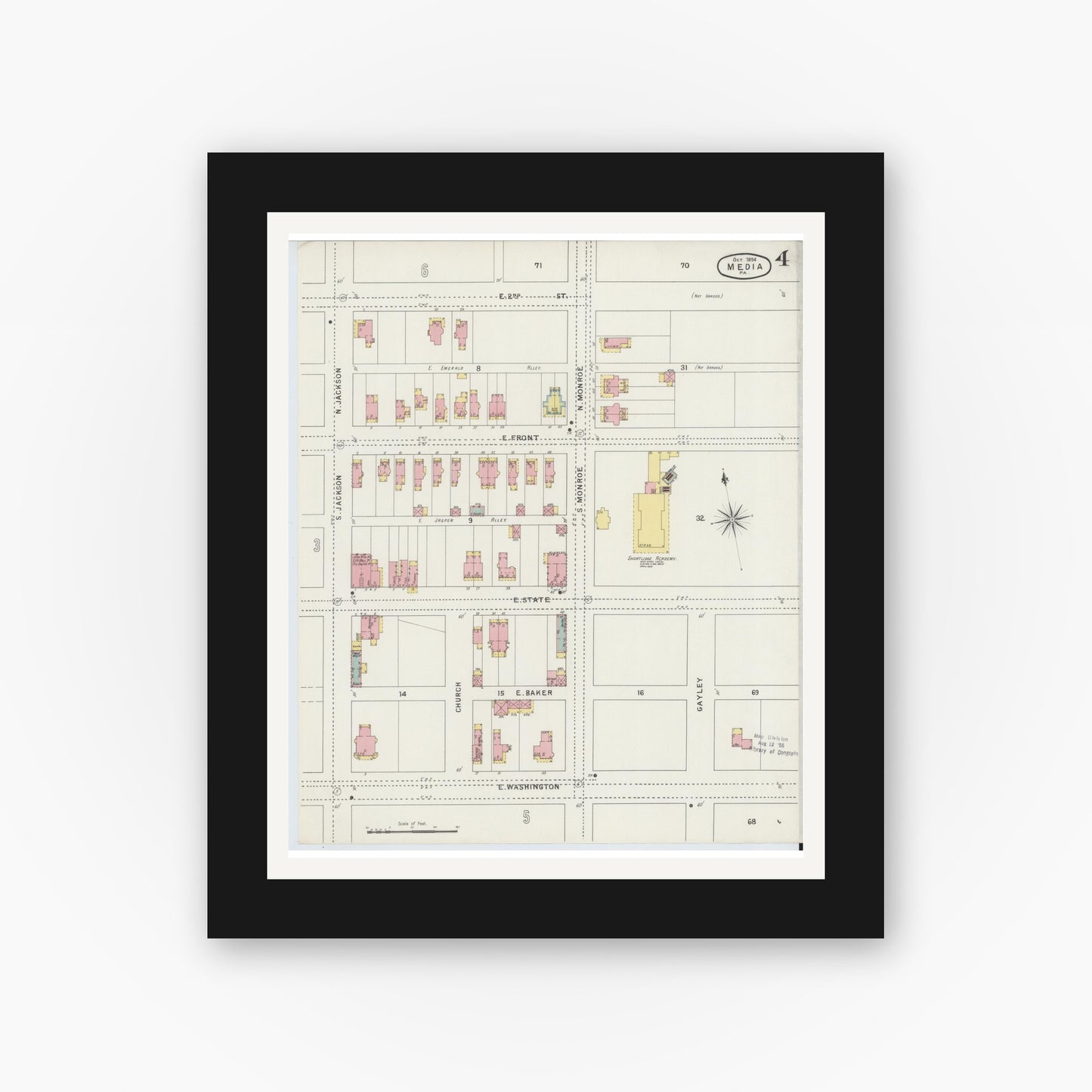 Old map wall art mockup — black gallery frame with white mat — Sanborn Fire Insurance Map from Media, Delaware County, Pennsylvania (1894), Sheet #0004