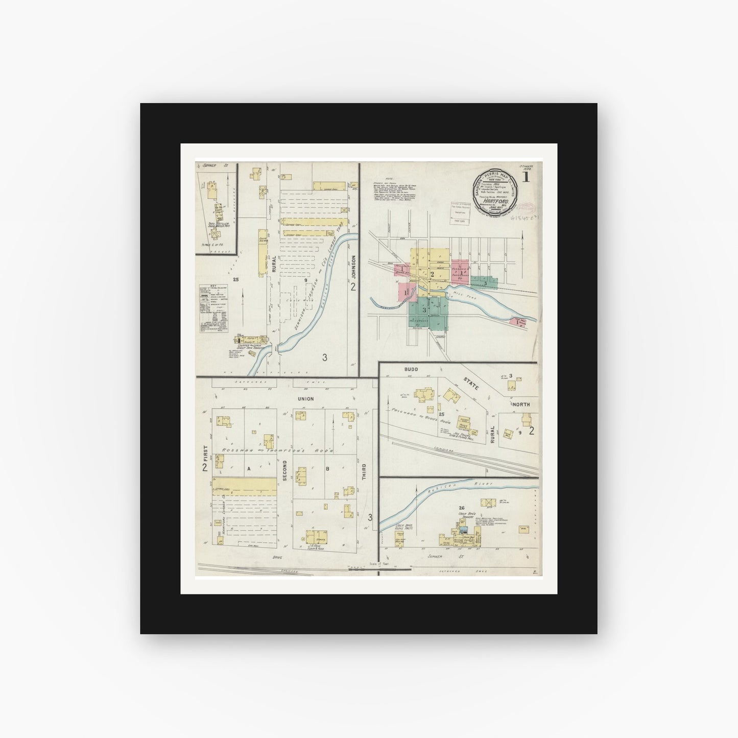 Old map wall art mockup — black gallery frame with white mat — Sanborn Fire Insurance Map from Hartford, Washington County, Wisconsin (1897), Sheet #0001