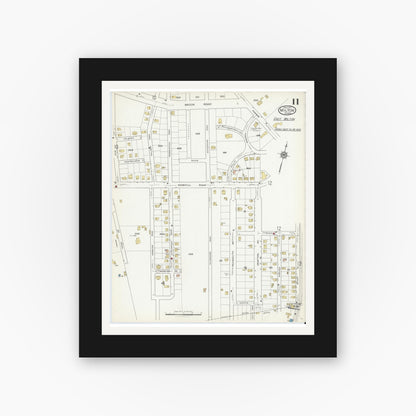 Old map wall art mockup — black gallery frame with white mat — Sanborn Fire Insurance Map from Milton, Norfolk County, Massachusetts (1917), Sheet #0011