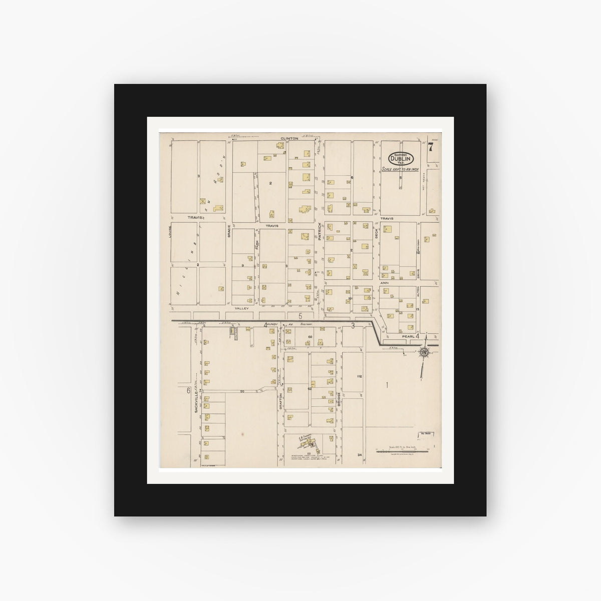 Old map wall art mockup — black gallery frame with white mat — Sanborn Fire Insurance Map from Dublin, Erath County, Texas (1921), Sheet #0007