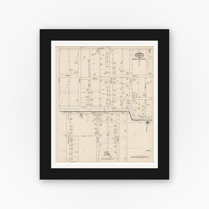 Old map wall art mockup — black gallery frame with white mat — Sanborn Fire Insurance Map from Dublin, Erath County, Texas (1921), Sheet #0007