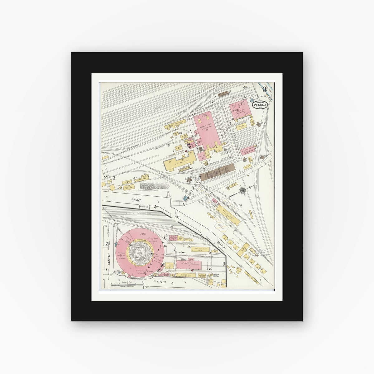 Old map wall art mockup — black gallery frame with white mat — Sanborn Fire Insurance Map from Verona, Allegheny County, Pennsylvania (1919), Sheet #0003