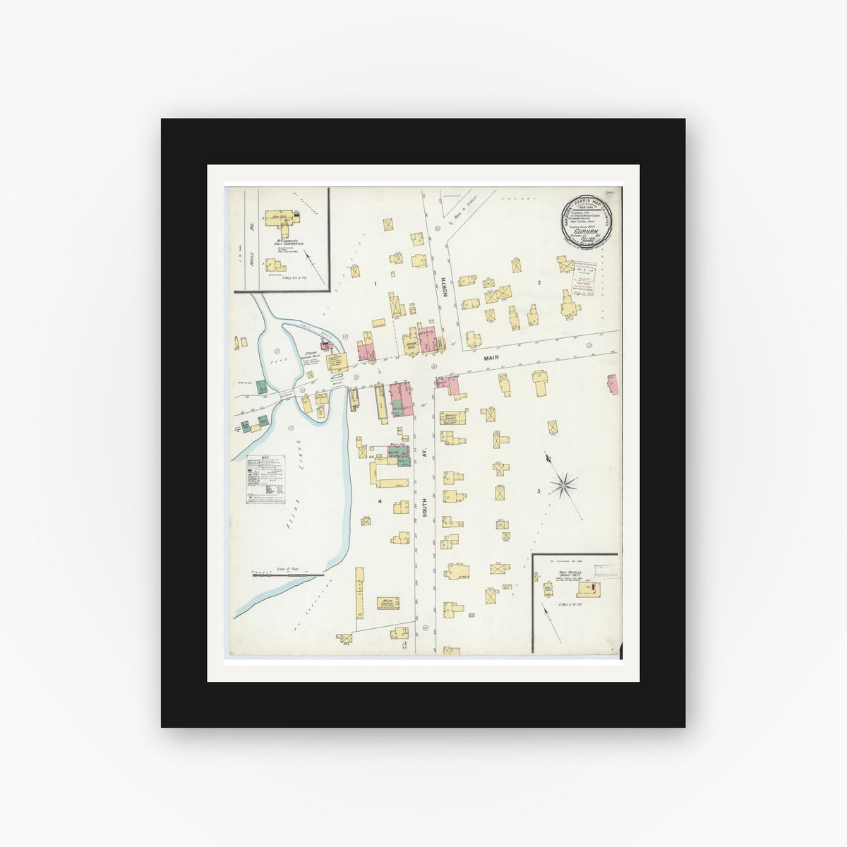 Old map wall art mockup — black gallery frame with white mat — Sanborn Fire Insurance Map from Gorham, Ontario County, New York (1899), Sheet #0001