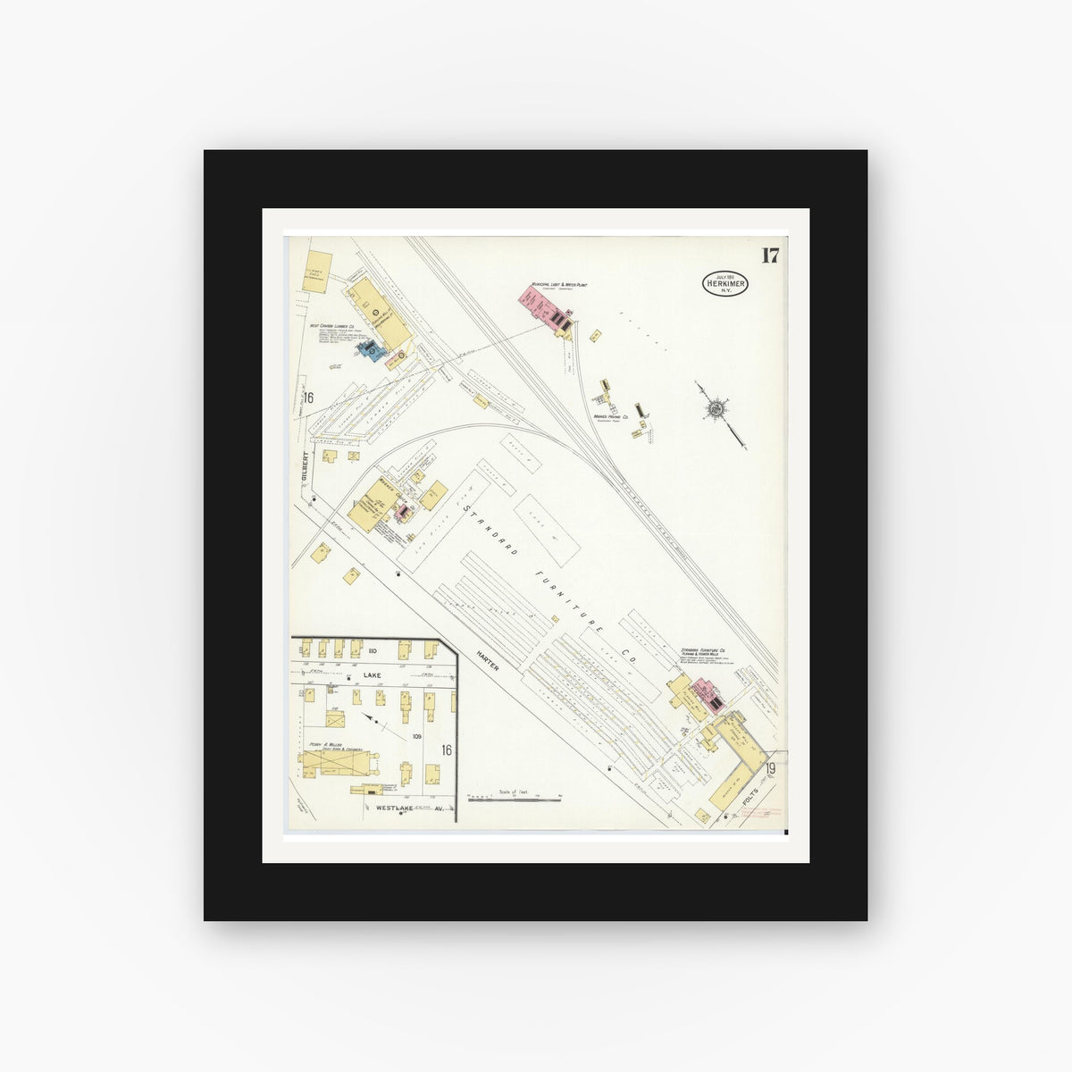 Old map wall art mockup — black gallery frame with white mat — Sanborn Fire Insurance Map from Herkimer, Herkimer County, New York (1911), Sheet #0017