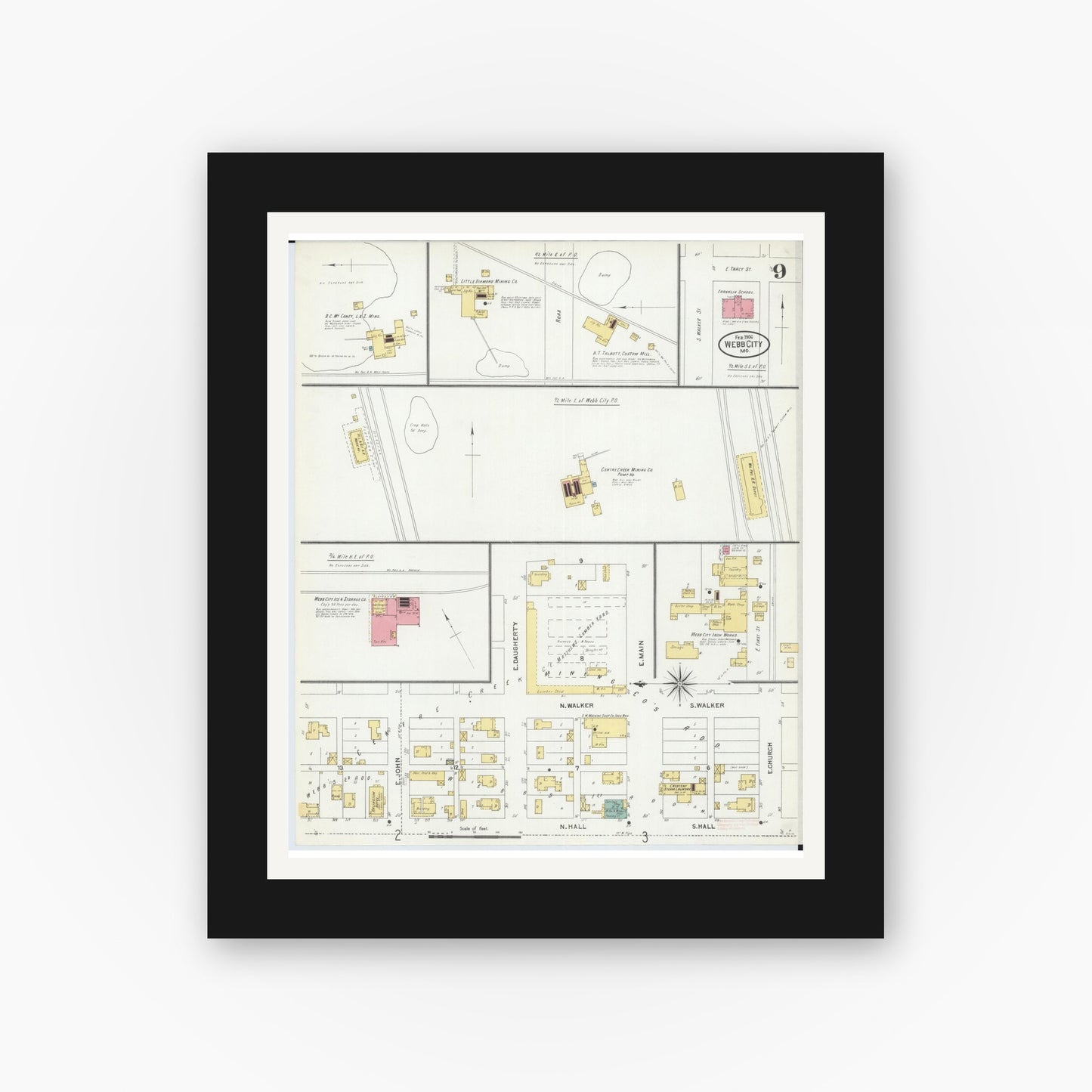 Old map wall art mockup — black gallery frame with white mat — Sanborn Fire Insurance Map from Webb City, Jasper County, Missouri (1906), Sheet #0009