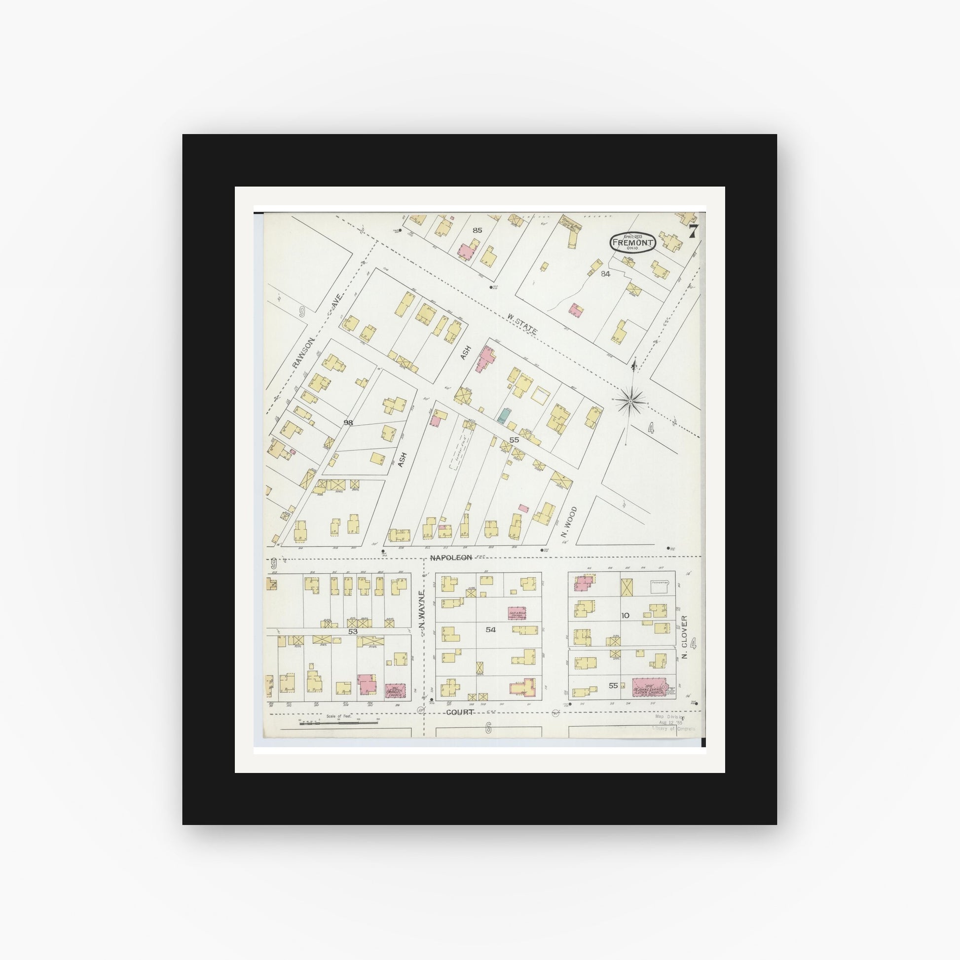 Old map wall art mockup — black gallery frame with white mat — Sanborn Fire Insurance Map from Fremont, Sandusky County, Ohio (1893), Sheet #0007