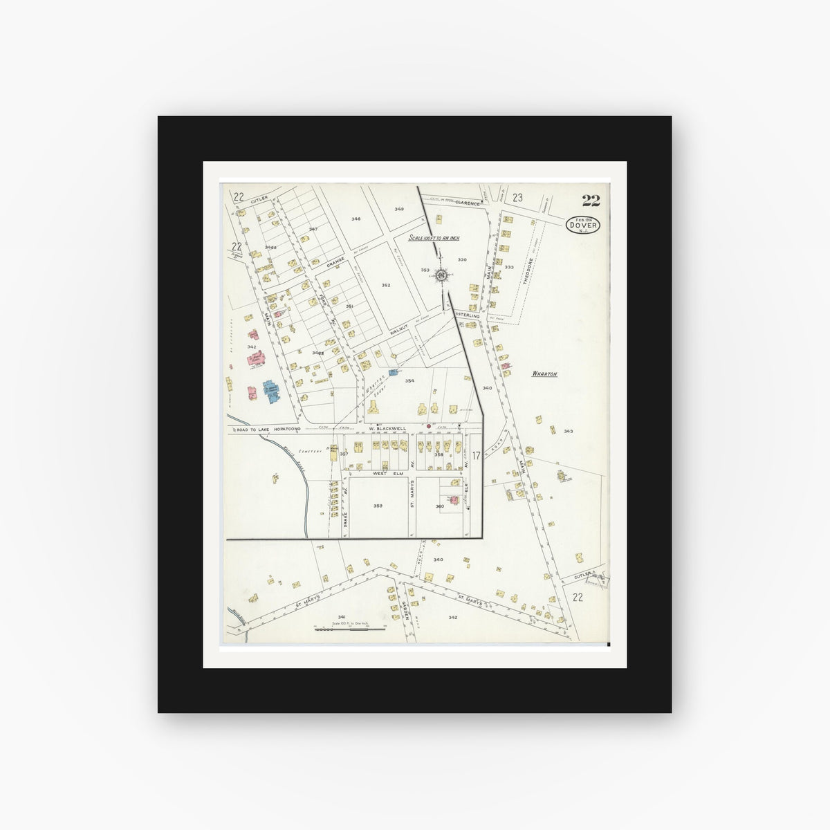 Old map wall art mockup — black gallery frame with white mat — Sanborn Fire Insurance Map from Dover, Morris County, New Jersey (1916), Sheet #0022