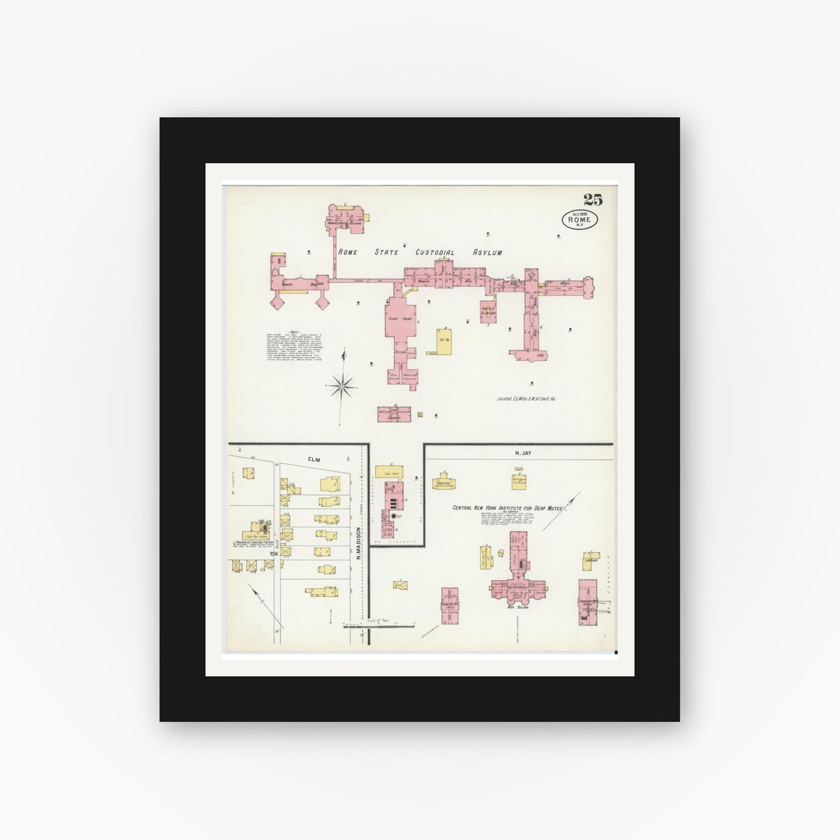 Old map wall art mockup — black gallery frame with white mat — Sanborn Fire Insurance Map from Rome, Oneida County, New York (1899), Sheet #0025