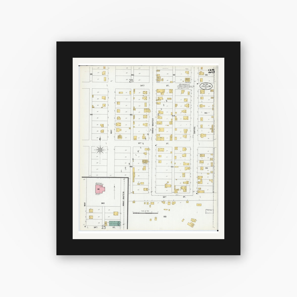 Old map wall art mockup — black gallery frame with white mat — Sanborn Fire Insurance Map from Joplin, Jasper County, Missouri (1900), Sheet #0025