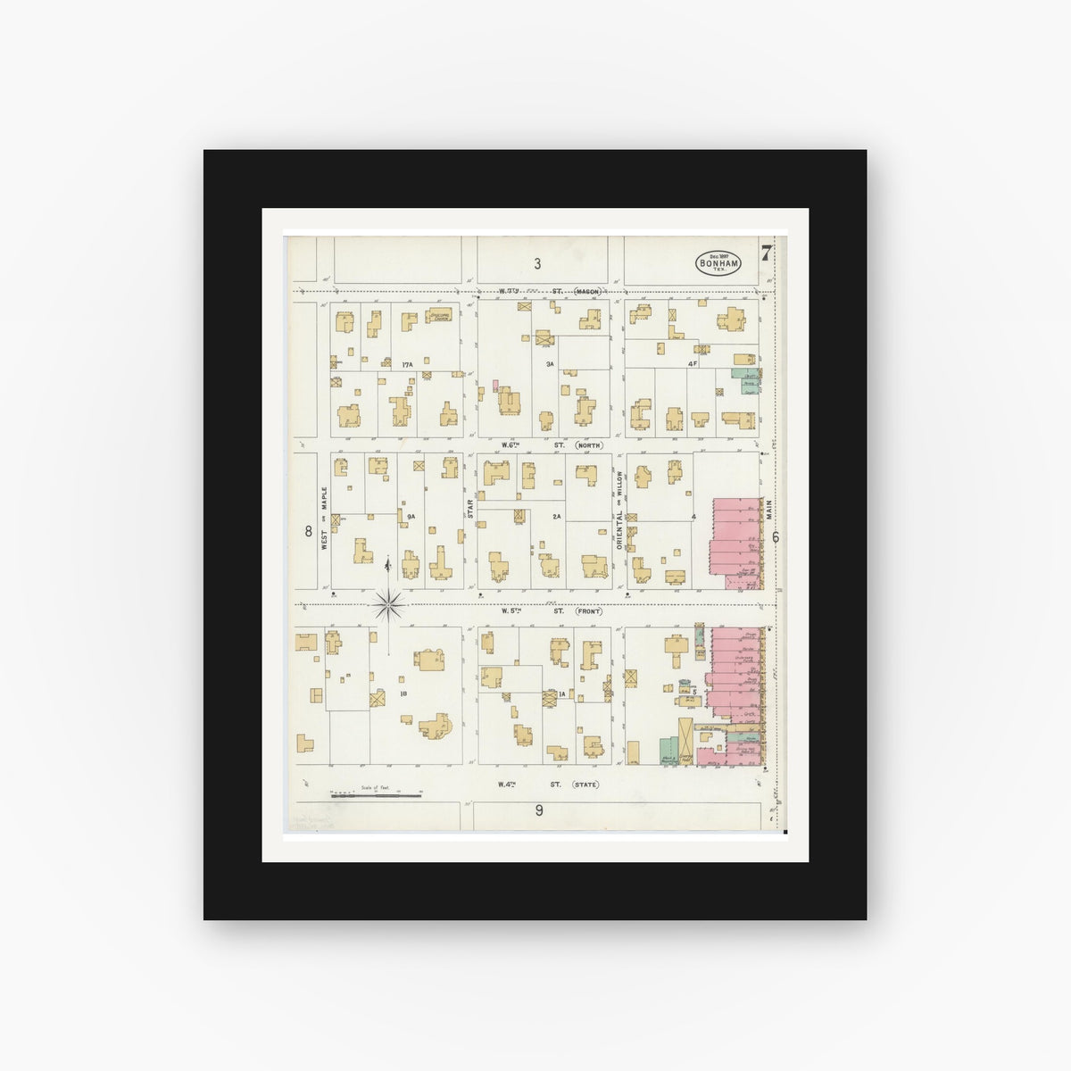 Old map wall art mockup — black gallery frame with white mat — Sanborn Fire Insurance Map from Bonham, Fannin County, Texas (1897), Sheet #0007