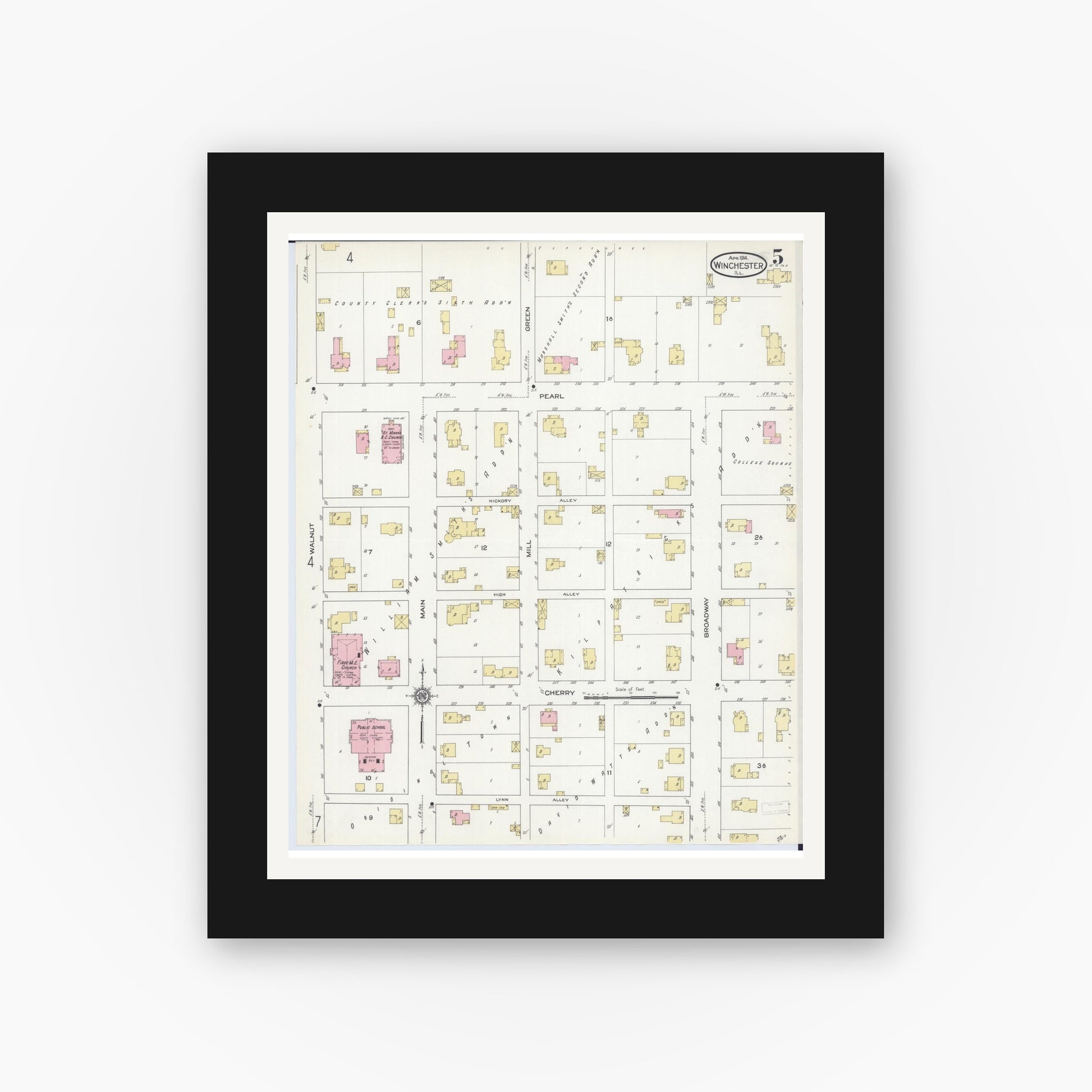 Old map wall art mockup — black gallery frame with white mat — Sanborn Fire Insurance Map from Winchester, Scott County, Illinois (1914), Sheet #0005