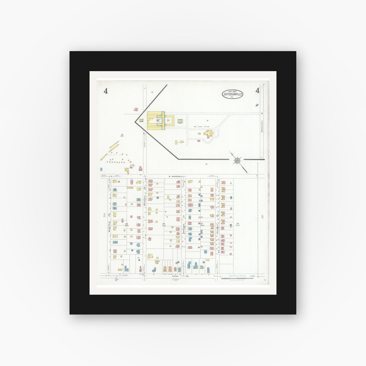 Old map wall art mockup — black gallery frame with white mat — Sanborn Fire Insurance Map from Jeffersonville, Montgomery County, Pennsylvania (1928), Sheet #0004