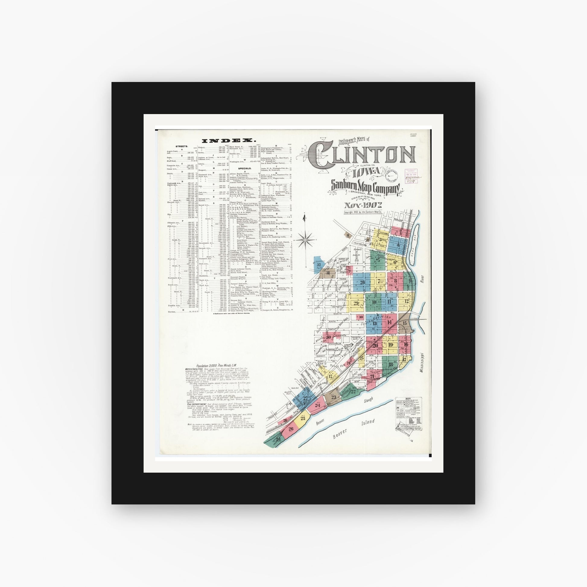 Old map wall art mockup — black gallery frame with white mat — Sanborn Fire Insurance Map from Clinton, Clinton County, Iowa (1902) â€” Complete Set