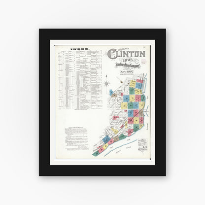 Old map wall art mockup — black gallery frame with white mat — Sanborn Fire Insurance Map from Clinton, Clinton County, Iowa (1902) â€” Complete Set