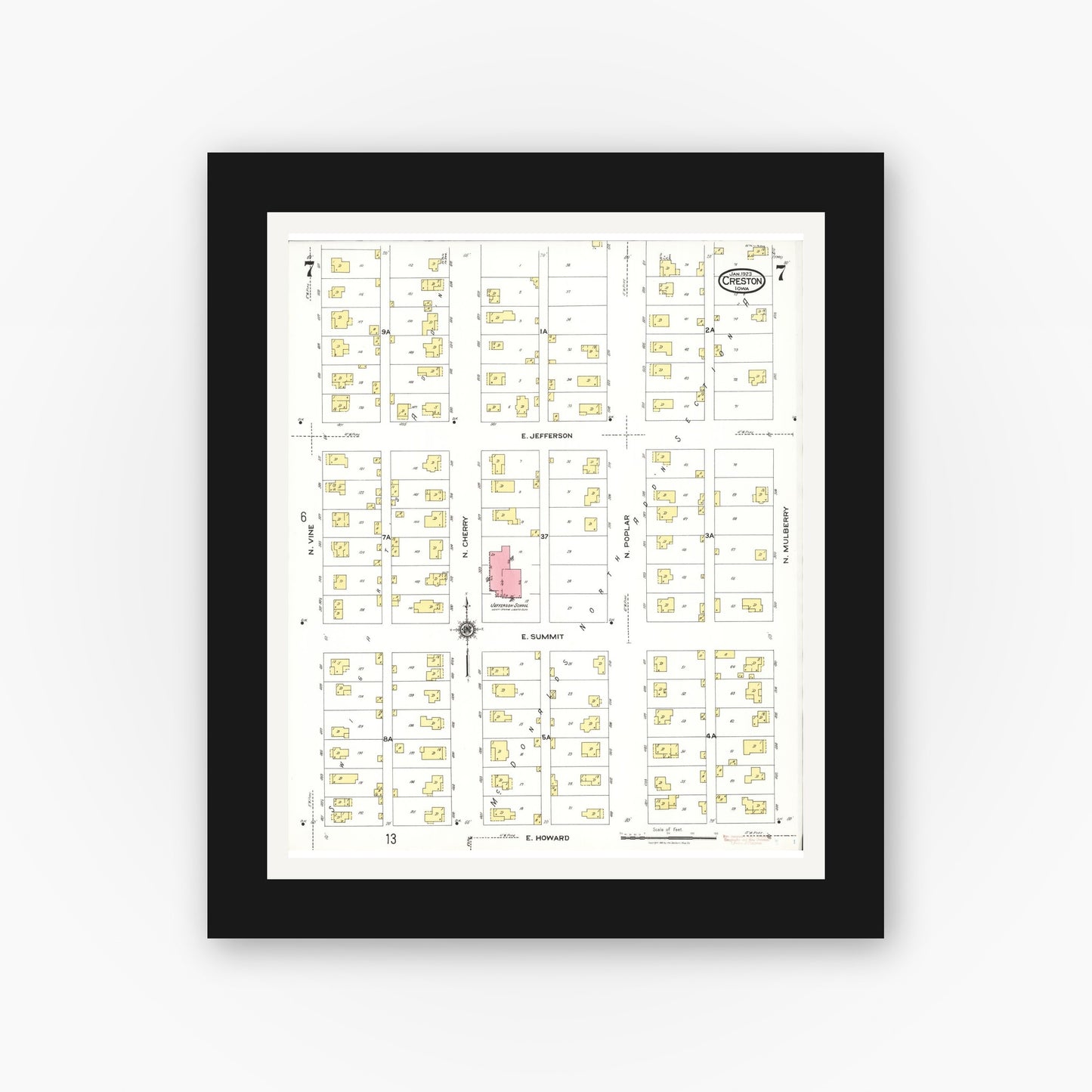 Old map wall art mockup — black gallery frame with white mat — Sanborn Fire Insurance Map from Creston, Union County, Iowa (1923), Sheet #0007