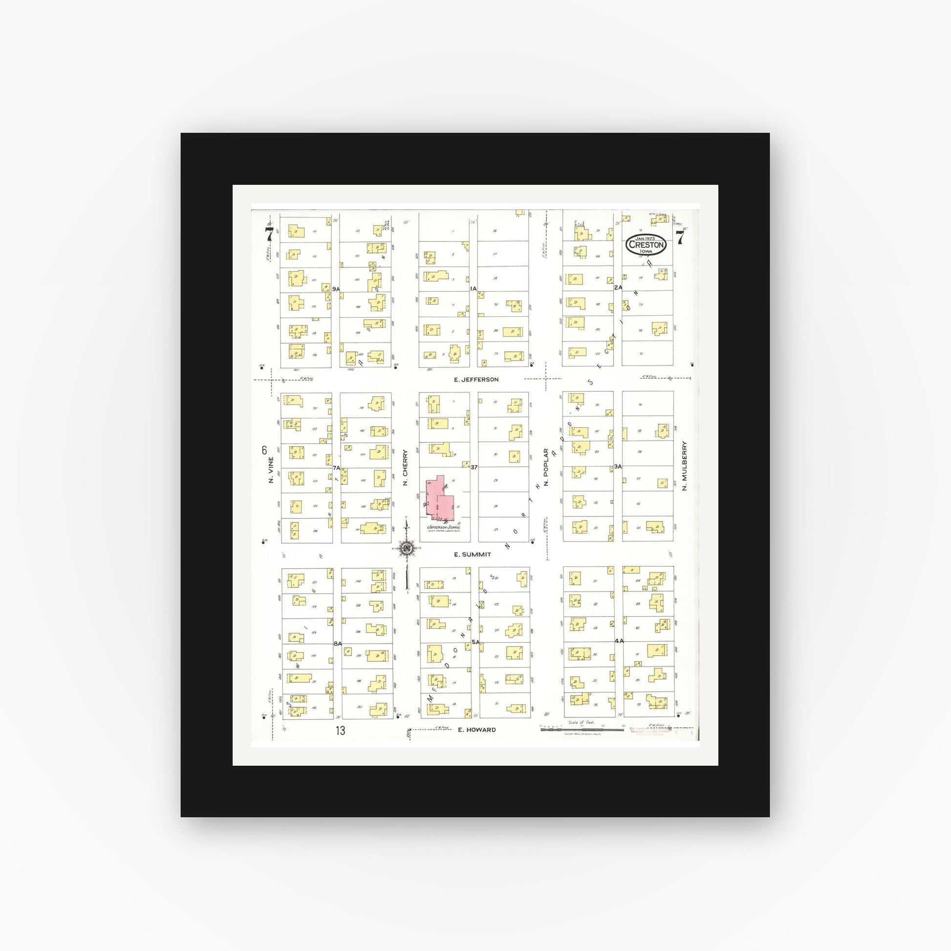 Old map wall art mockup — black gallery frame with white mat — Sanborn Fire Insurance Map from Creston, Union County, Iowa (1923), Sheet #0007