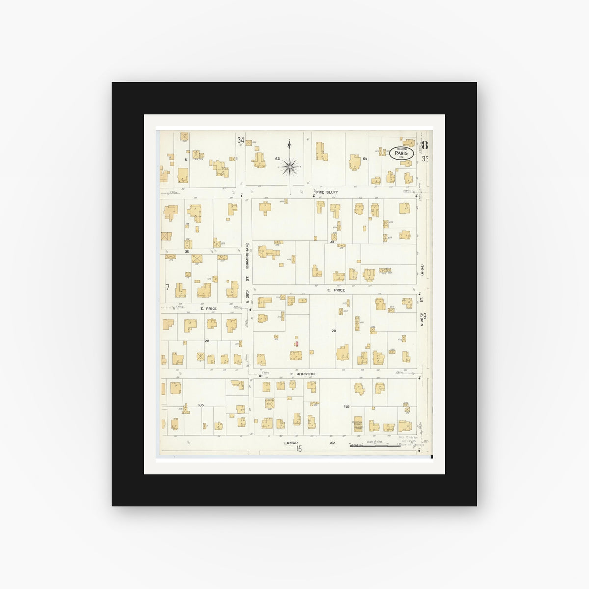 Old map wall art mockup — black gallery frame with white mat — Sanborn Fire Insurance Map from Paris, Lamar County, Texas (1908), Sheet #0008