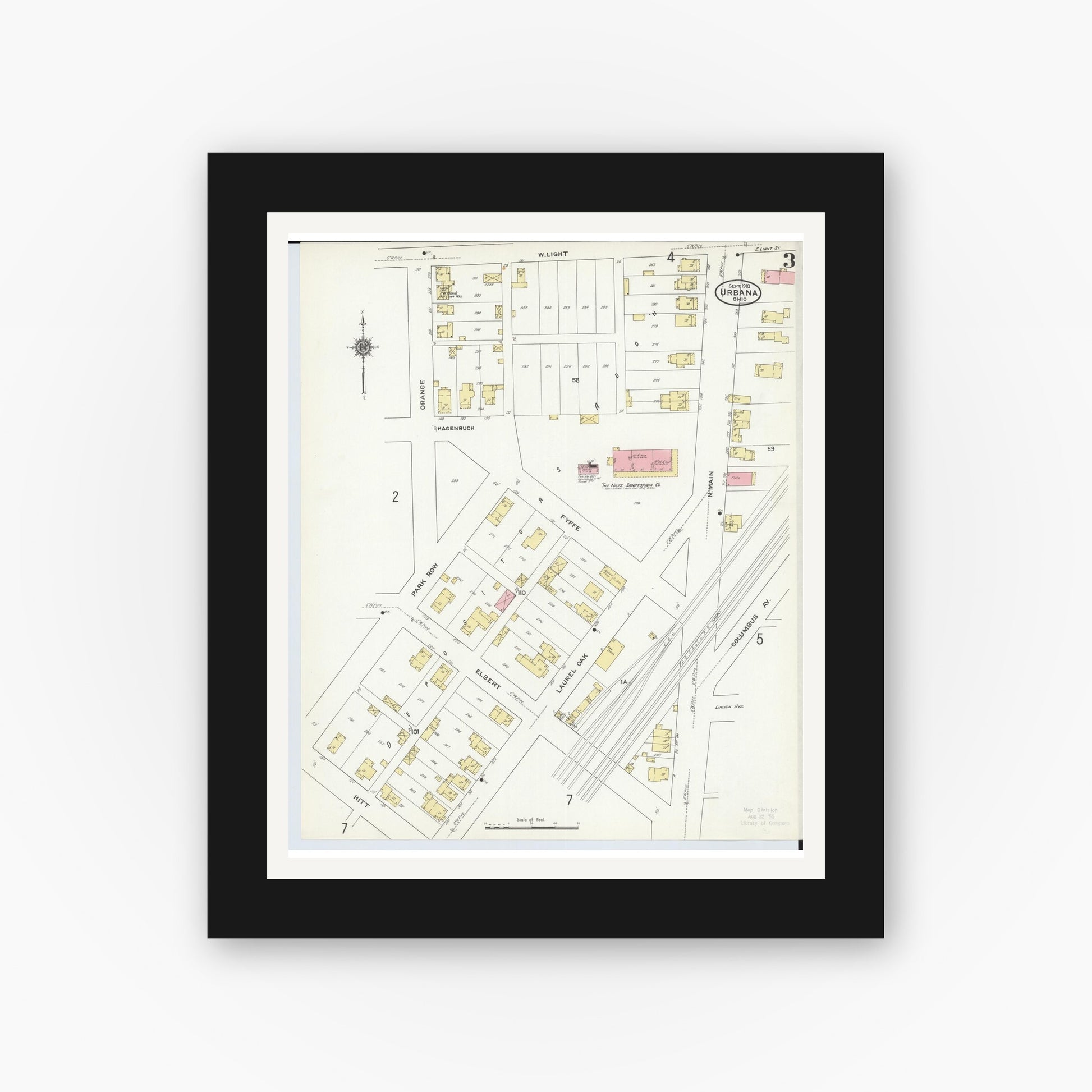 Old map wall art mockup — black gallery frame with white mat — Sanborn Fire Insurance Map from Urbana, Champaign County, Ohio (1910), Sheet #0003